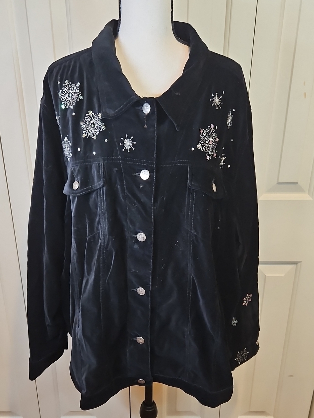 Quacker Factory Snowman Black Velvet Jacket Snowflake Capture The Magic 2X